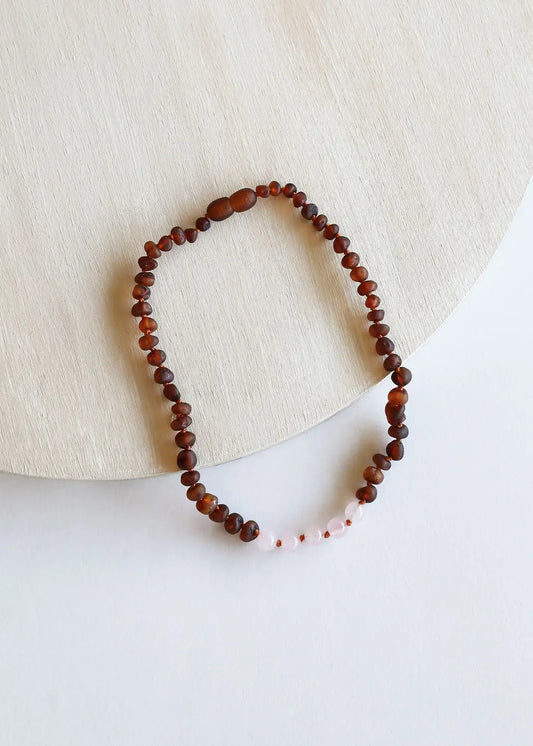 Raw Cognac Amber + Rose Quartz || Necklace