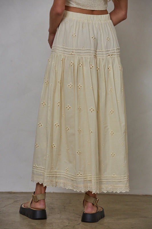 Woven Cotton Eyelet Lace and Pintuck Detail Skirt (Vanilla)