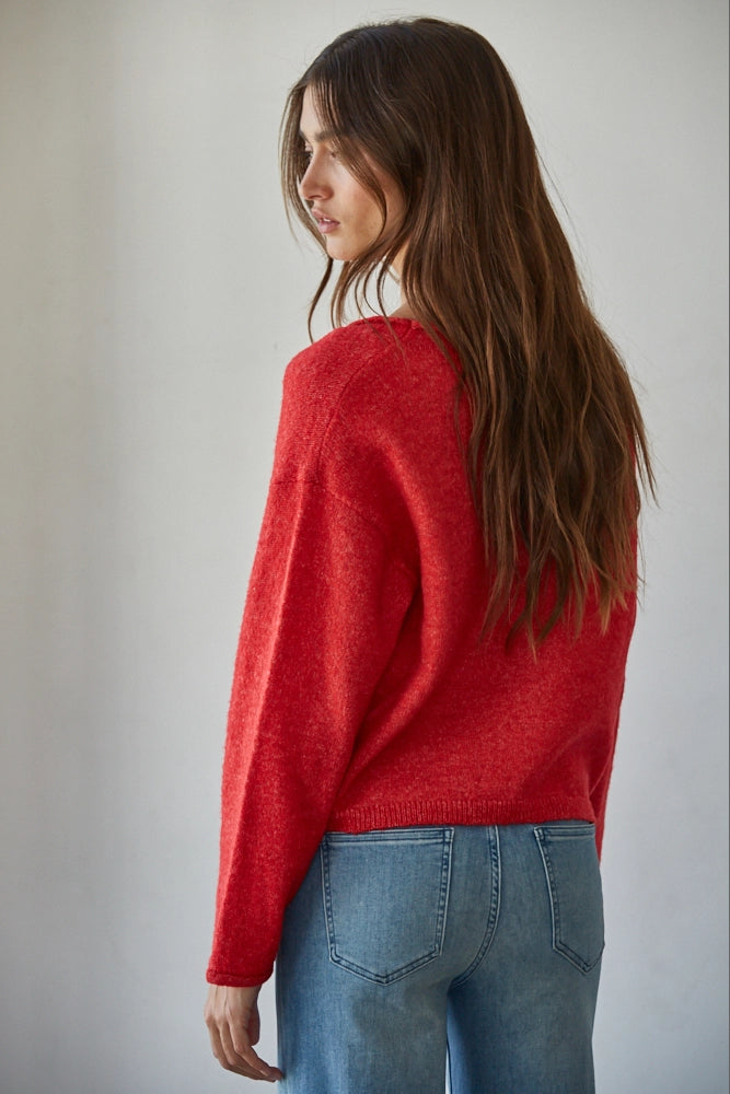 Knit Sweater Rolled V-Neck Long Sleeve Cardigan Top (Red)