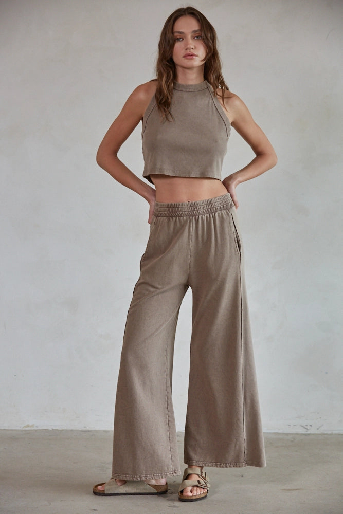 Knit Cotton Garment Dye Crop Tank Top (Mocha)