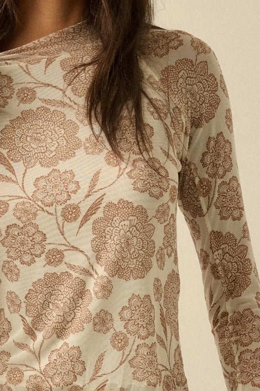 Floral Mesh Mock-Neck Raglan Top