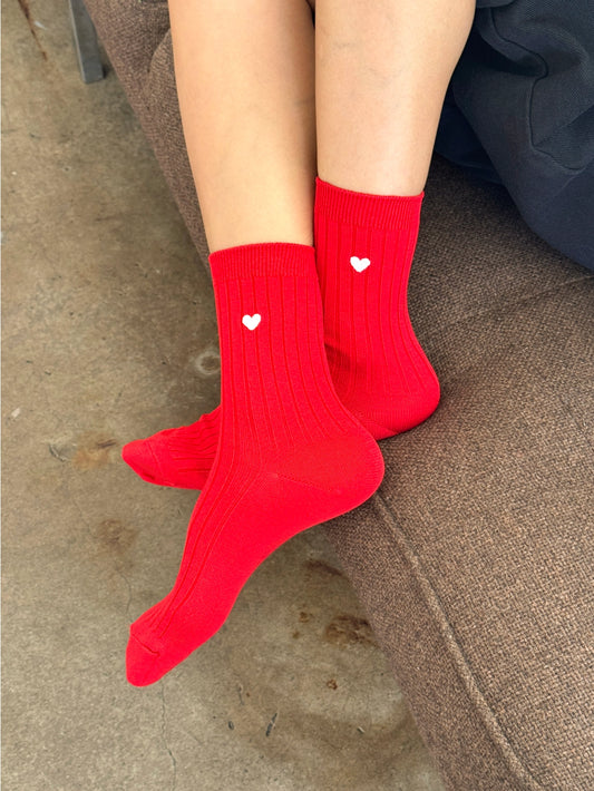 Embroidered Her Socks - Mercerized Combed Cotton Rib (Classic Red + Heart)