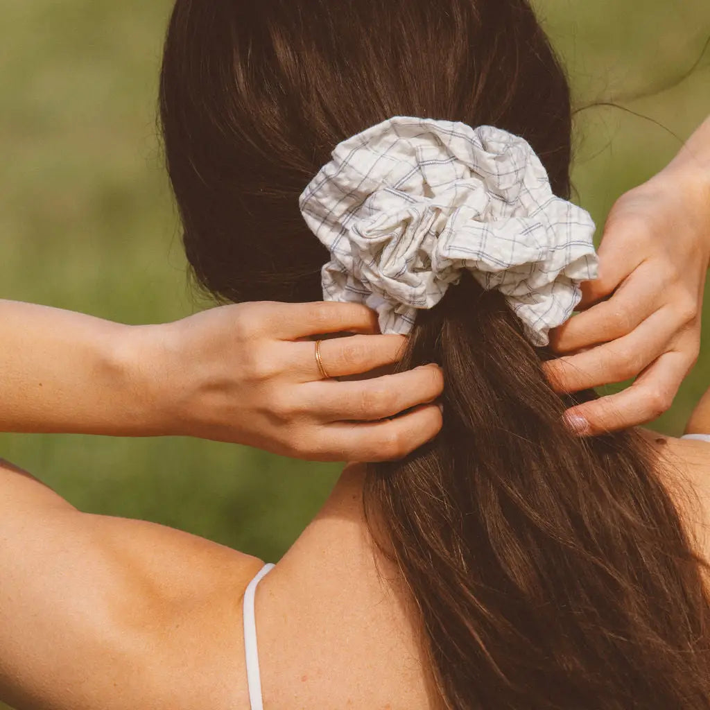 Creamy Blue Grid Jumbo Scrunchie