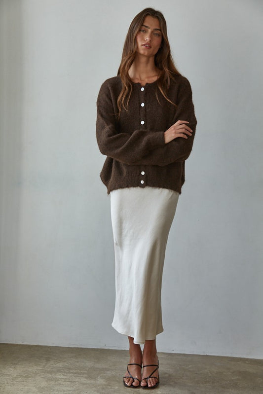 Knit Sweater Round Neck Long Sleeve Cardigan Top (Chocolate Brown)