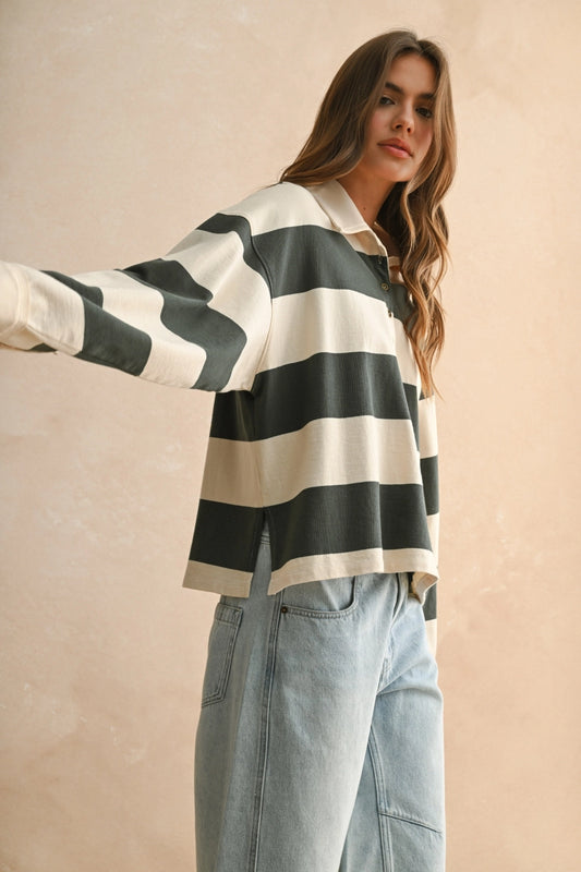 Striped Long Sleeve Knitted Shirt (Olive/Cream)