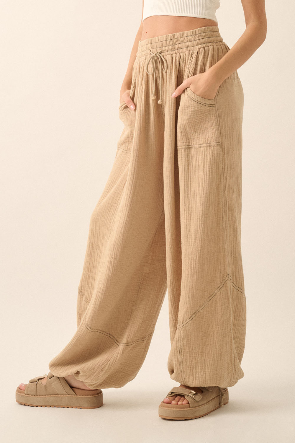 Mineral Washed Crinkle Cotton Parachute Pants (Sand)