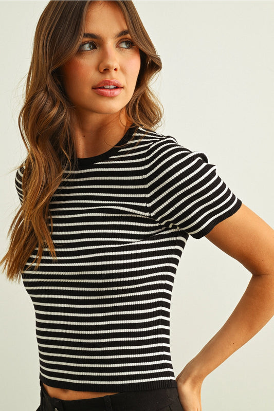 Black Striped Ribbed Knit Top