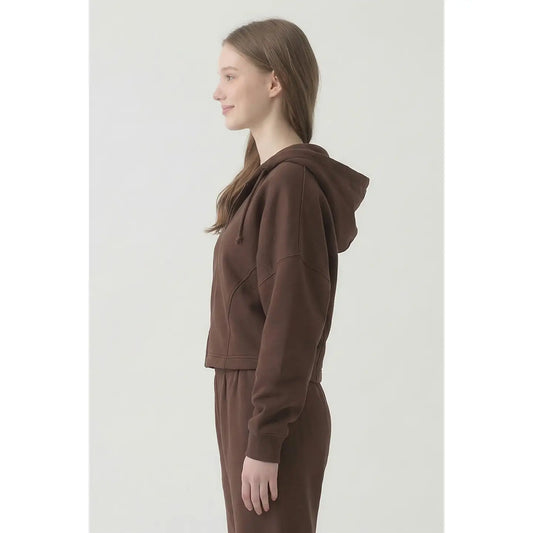 Cotton Boxy Crop Zip Hoodie - Chocolate
