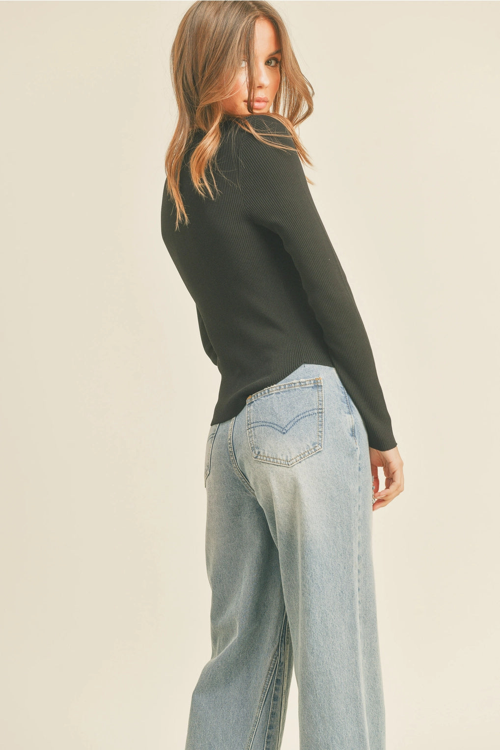 Ribbed Long Sleeve Basic Top (Black)