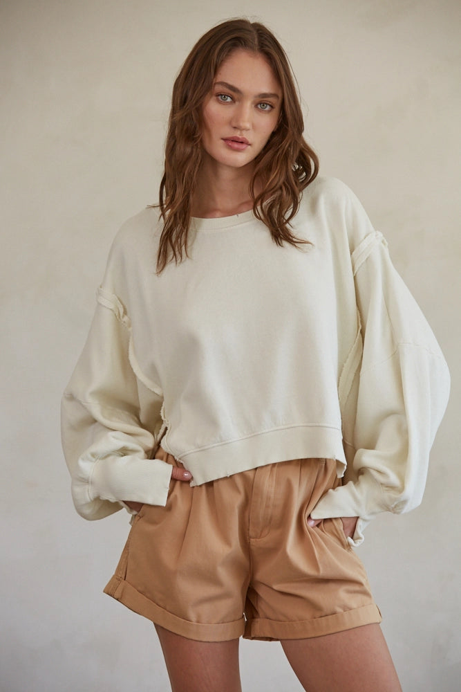 Knit Crew Neck Long Sleeve Pullover Top (Ivory)