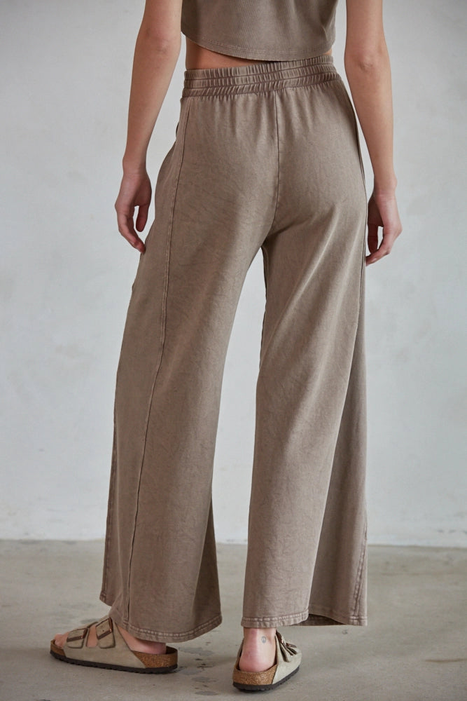 Knit Cotton Garment Dye Wide Leg Pants (Mocha)