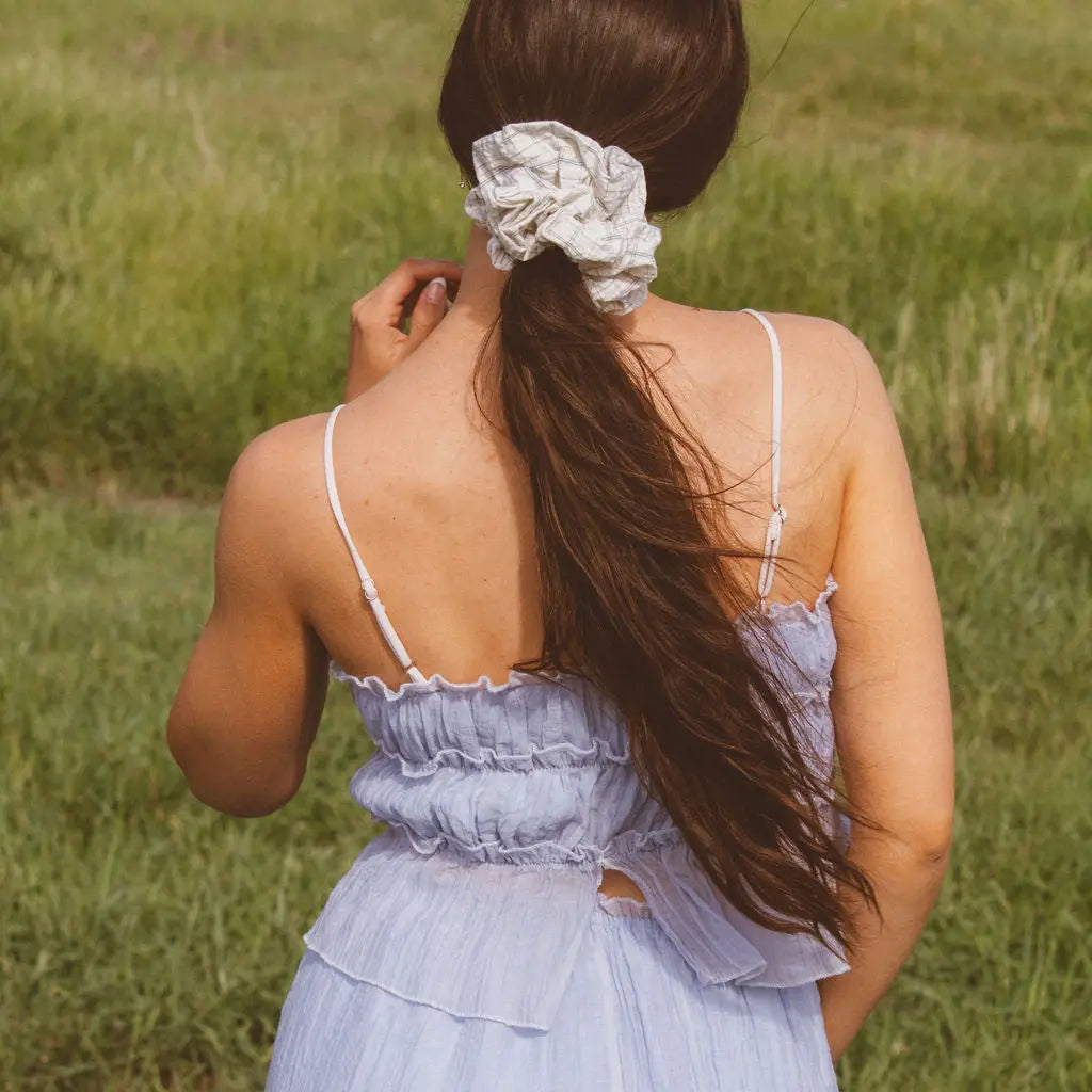 Creamy Blue Grid Jumbo Scrunchie
