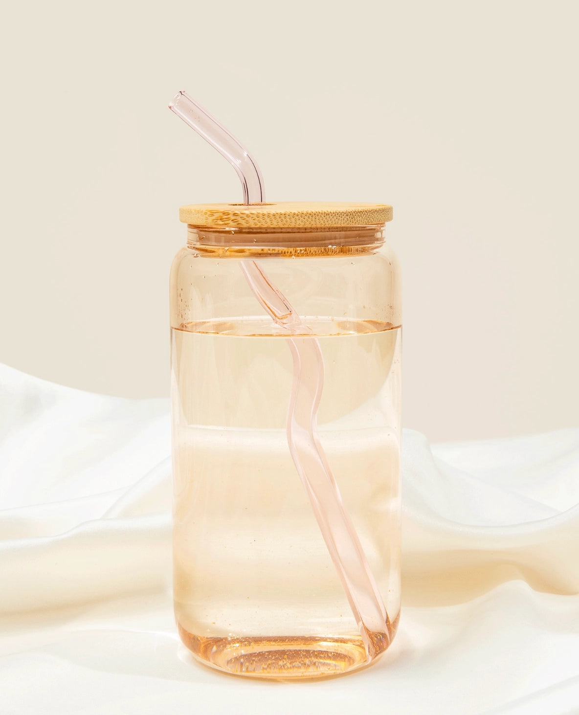 Pink Can Glass Cup with Bamboo Lid and Wavy Straw