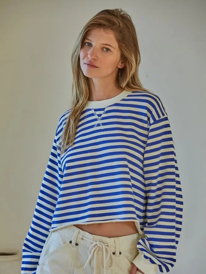 Knit Cotton Striped Crew Neck Long Sleeve Pullover
