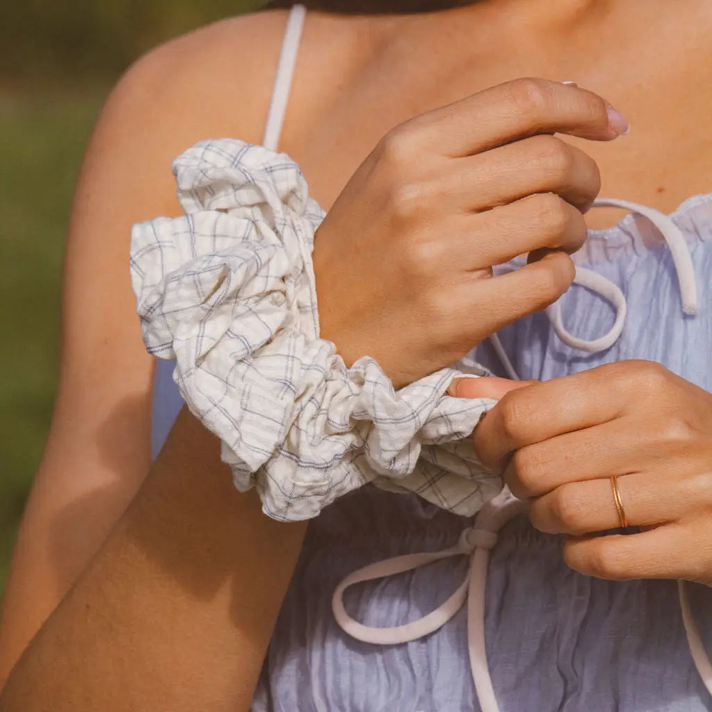 Creamy Blue Grid Jumbo Scrunchie