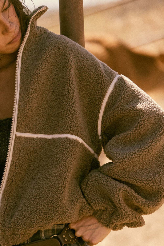 Sherpa Fleece Zip-Up Jacket with Trim