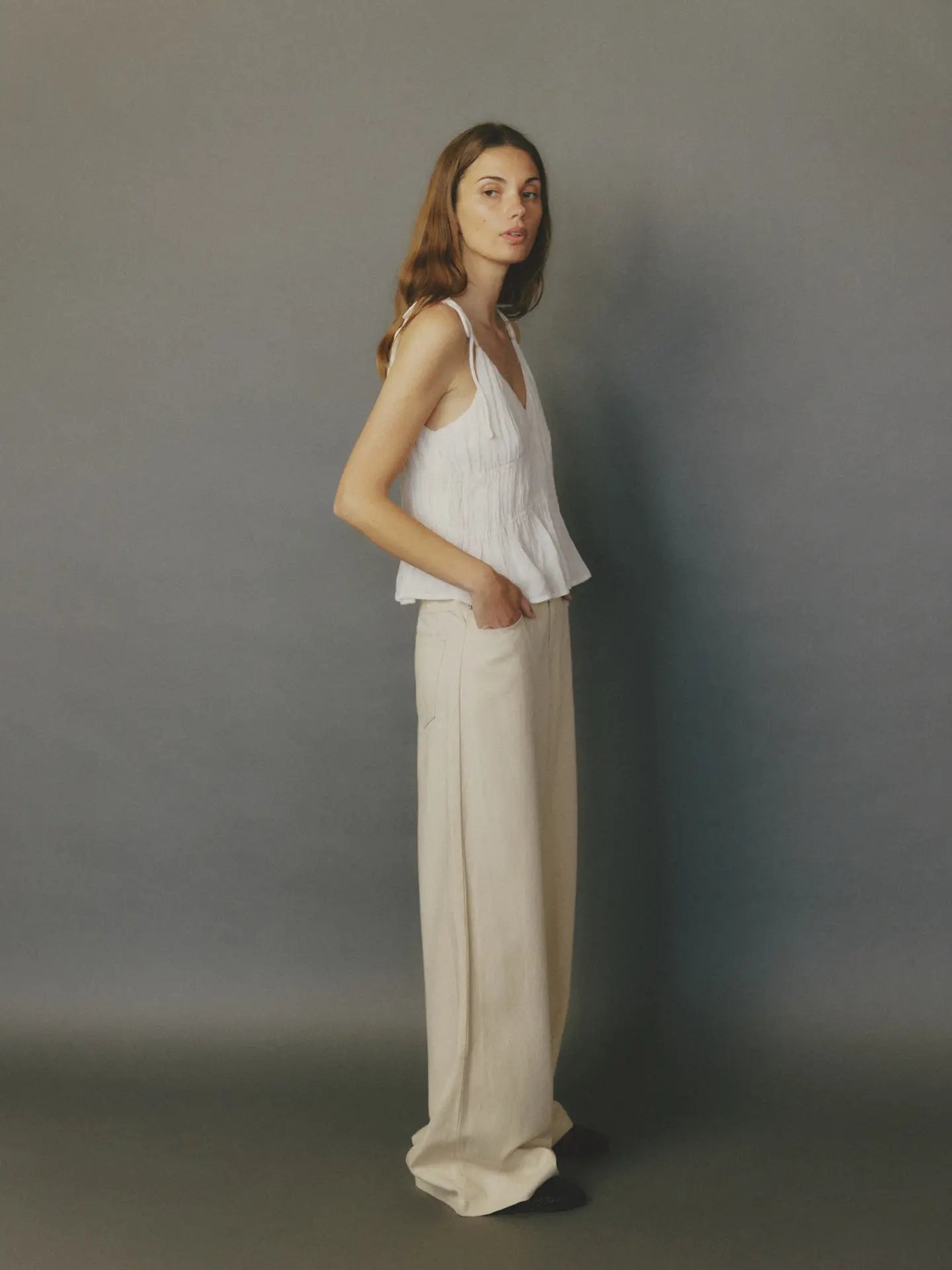 The Kendra Top | V-Neck Slip Tank with Shoulder Ties (Cream)