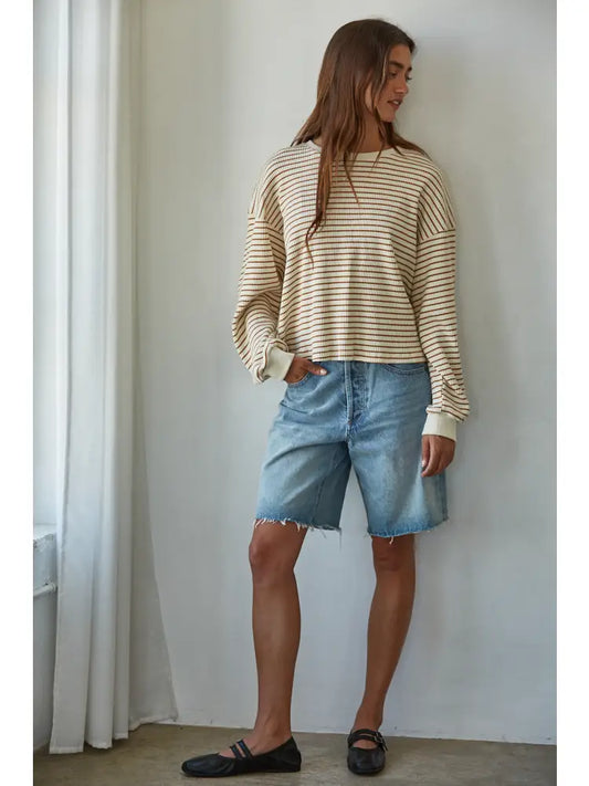 Half TIme Striped Long Sleeve Knit (Cream Brown)