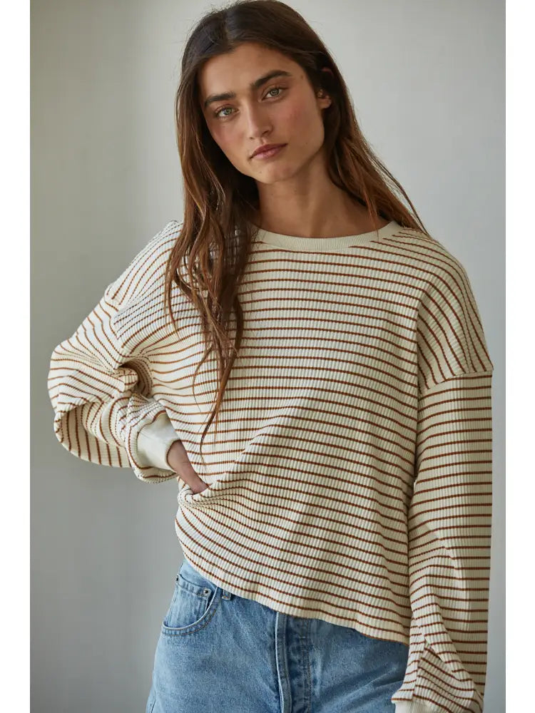 Half TIme Striped Long Sleeve Knit (Cream Brown)