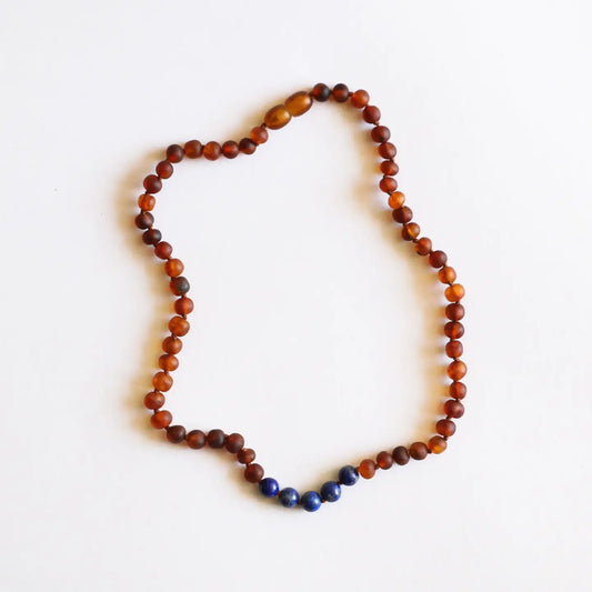 Raw Cognac Baltic Amber + Lapis Stone Necklace