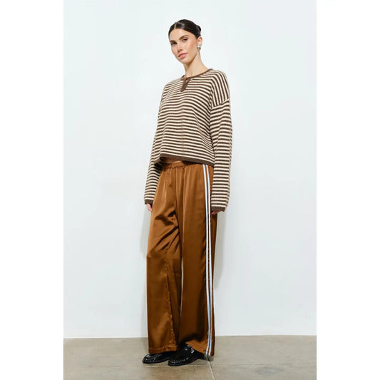 Etta Brown Striped Henley Knit Sweater