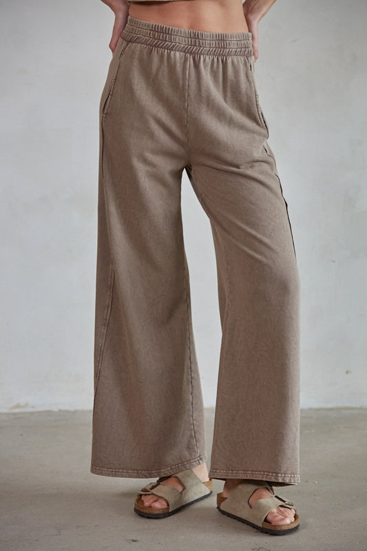 Knit Cotton Garment Dye Wide Leg Pants (Mocha)