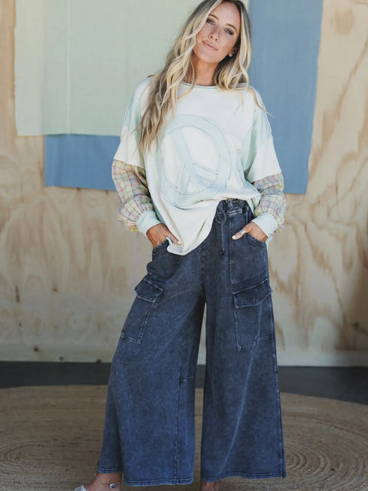 Cargo Cascade Wide Leg Pants - Ash Black