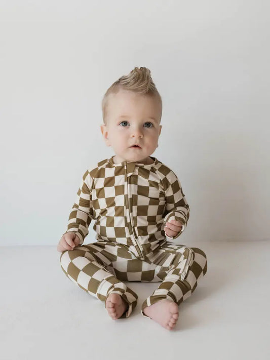 Bamboo Zip Pajamas | Olive Checkerboard