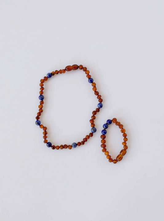 Raw Cognac Baltic Amber + Lapis Lazuli || Halo Necklace