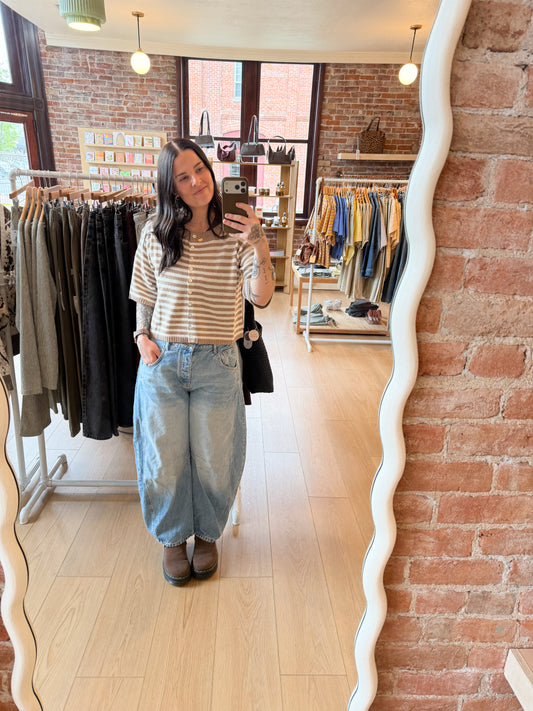 Beige Striped Short Sleeve Cardigan