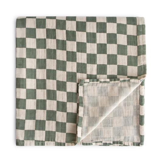 Organic Cotton Muslin Swaddle Blanket (Olive Check)