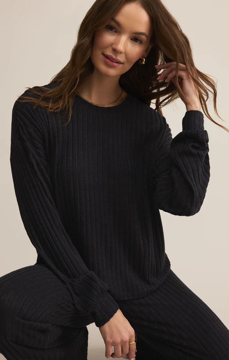 Daydream Rib Long Sleeve Top (Black Sand)