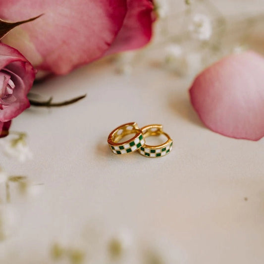 14k Gold Fill Green & White Checkered Hoops