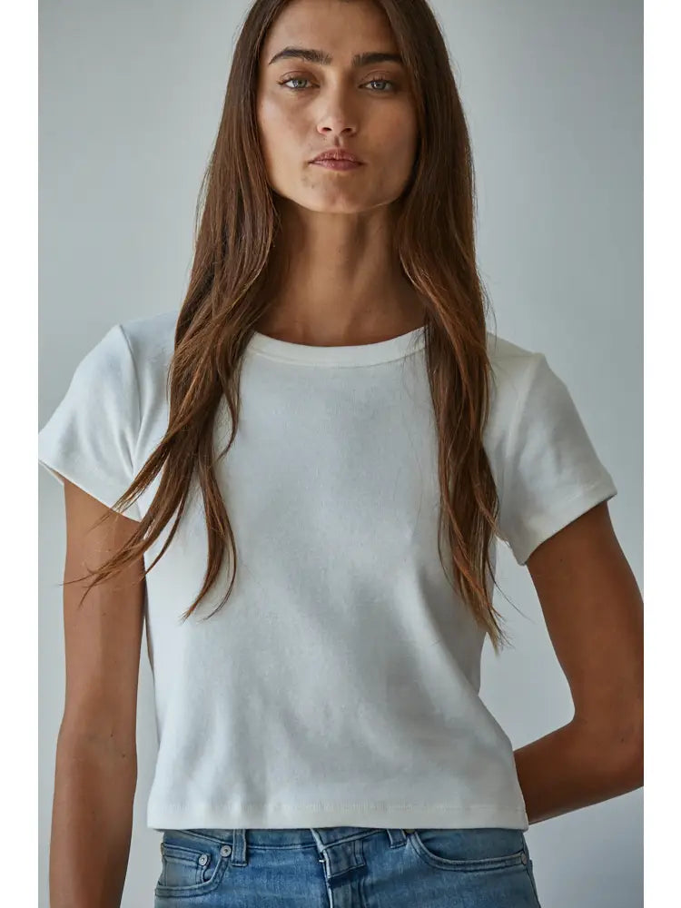 Off White Knit Cotton Round Neck Short Sleeve Crop Top