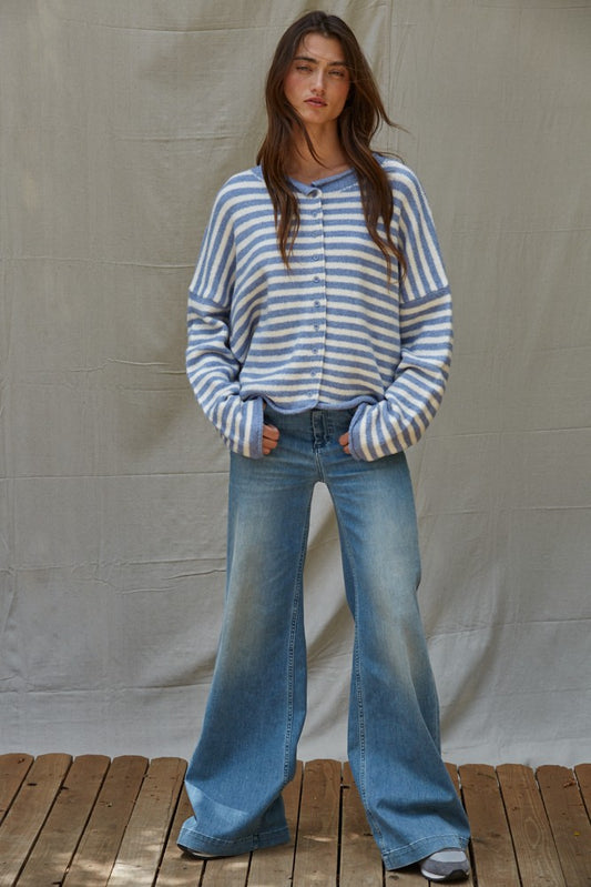 Knit Sweater Striped Buttondown Cardigan Top (Blue Ivory)