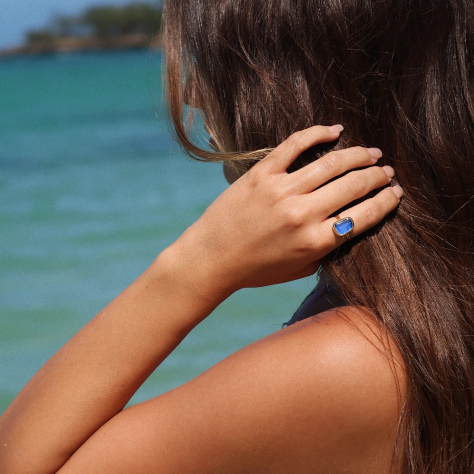 Handmade Blue Sea Glass Ring (Gold)