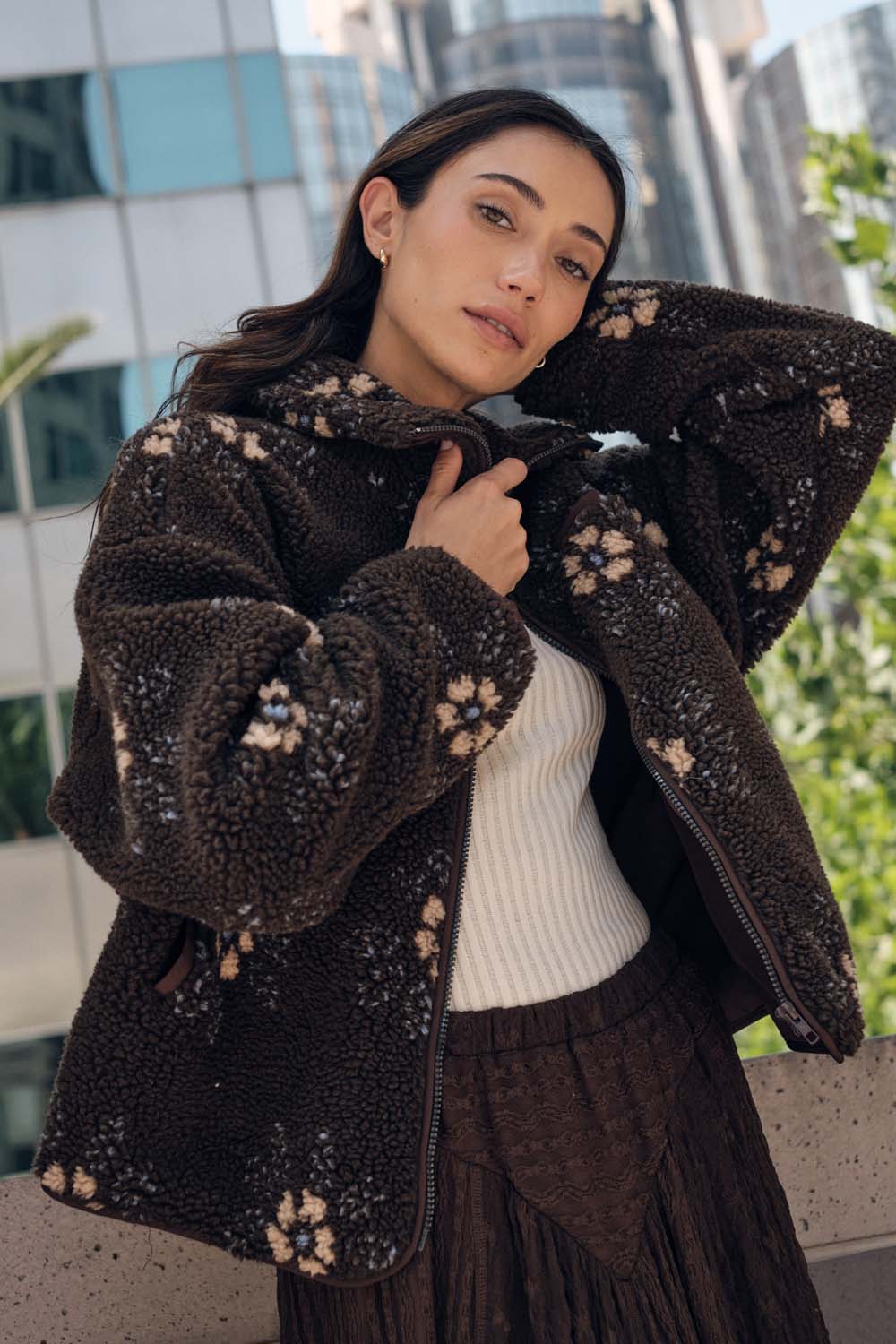 Floral-Print Sherpa Fleece Zip-Up Pocket Jacket