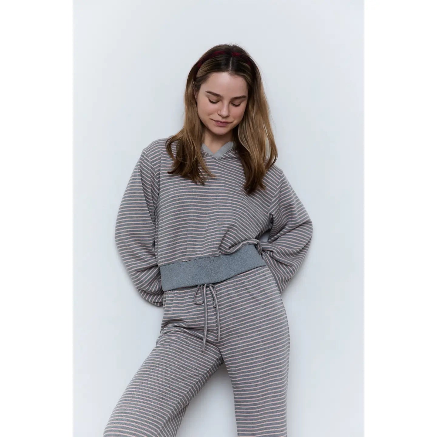 Pink + Grey Striped Pullover Hoodie