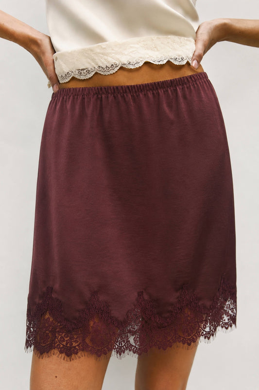 Plum Mina Skirt | Lace Satin Knee Length Skirt
