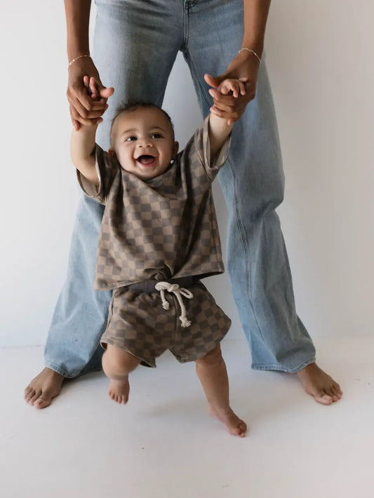 Short Set | Faded Brown Checkerboard