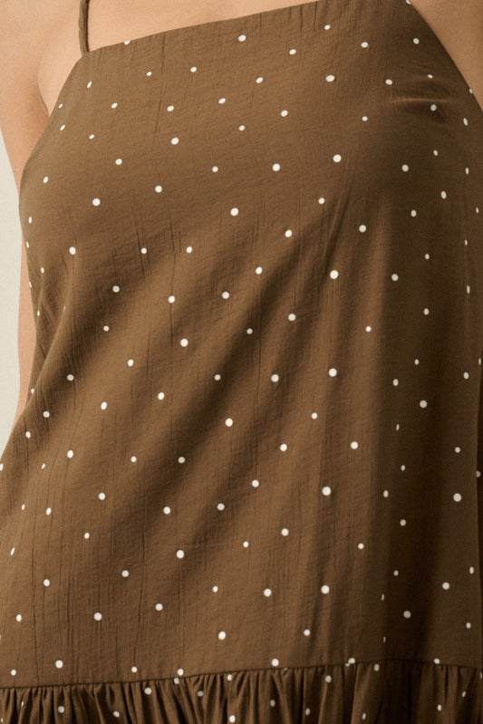 Polka Dot-Print Drop-Waist Cami Maxi Dress (Chocolate)