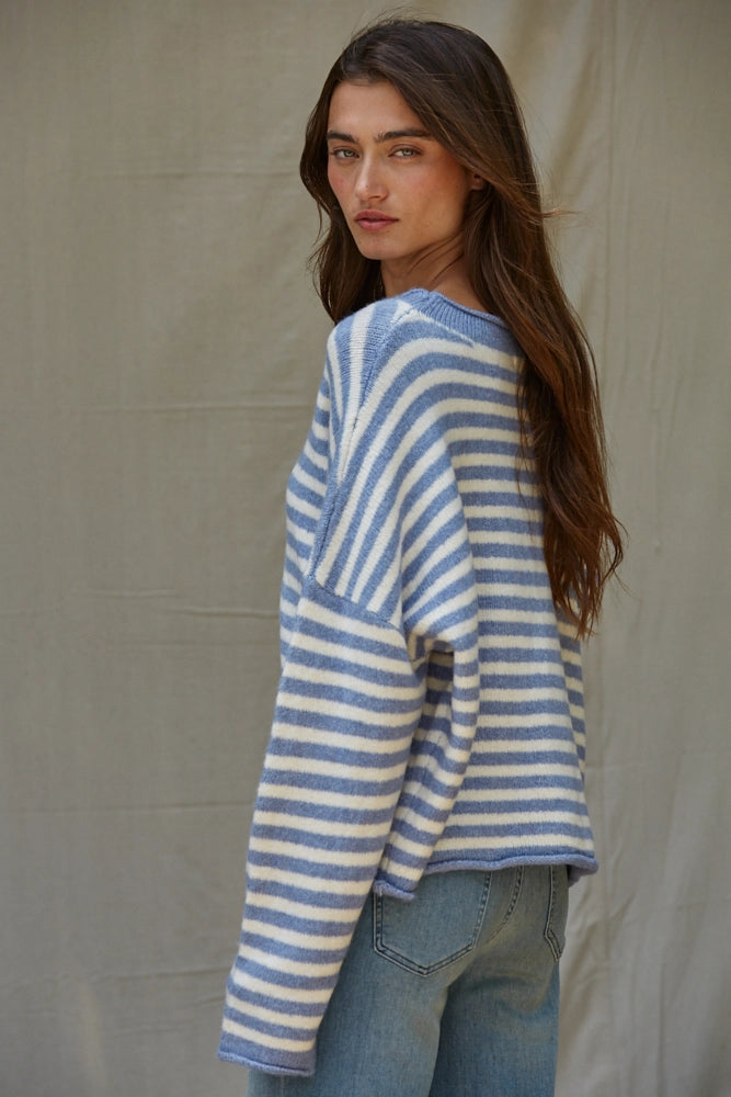 Knit Sweater Striped Buttondown Cardigan Top (Blue Ivory)