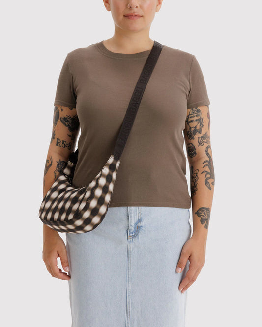 Small Nylon Crescent Bag (Blurred Gingham Brown)