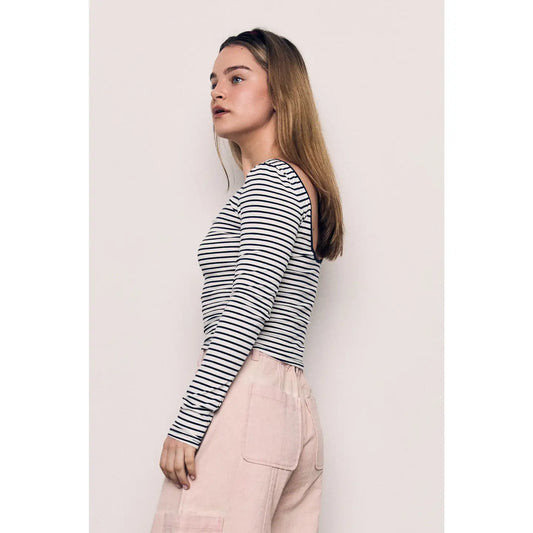 Open Back Striped Long Sleeve Fitted Cotton Tee