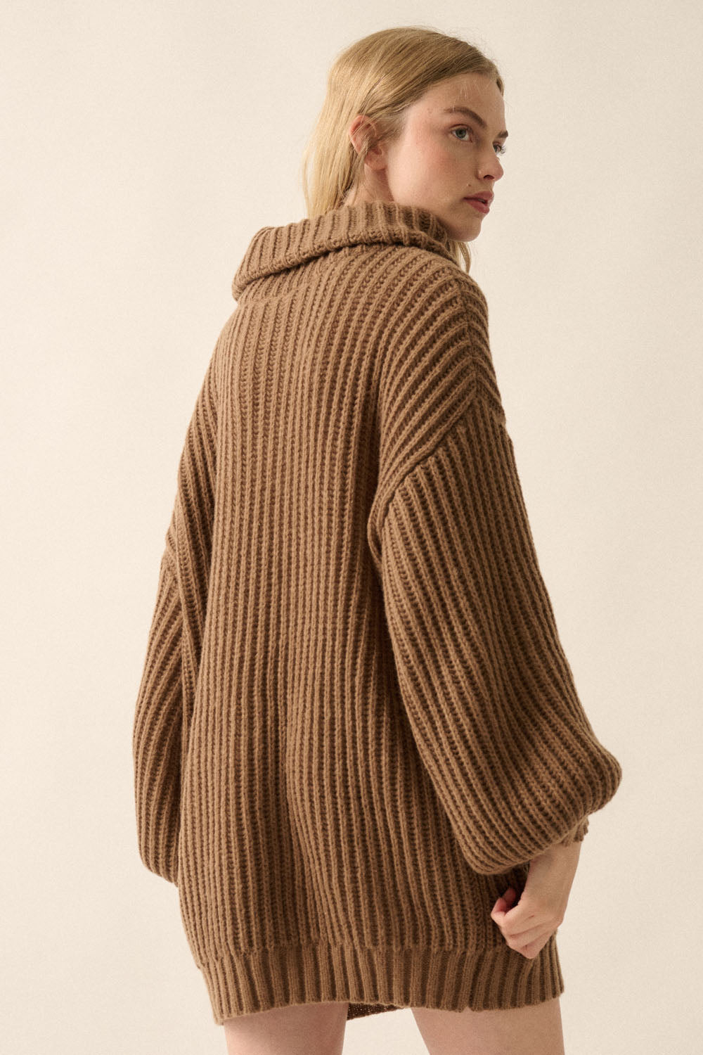 Rib Knit Turtle Neck Oversized Sweater (Brown)