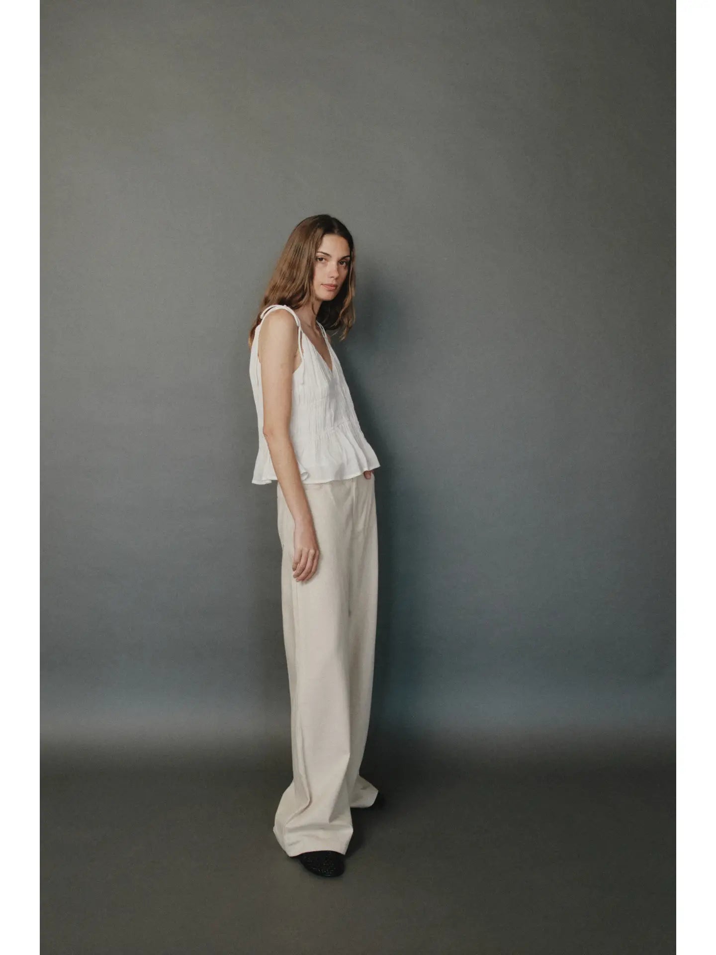 The Kendra Top | V-Neck Slip Tank with Shoulder Ties (Cream)