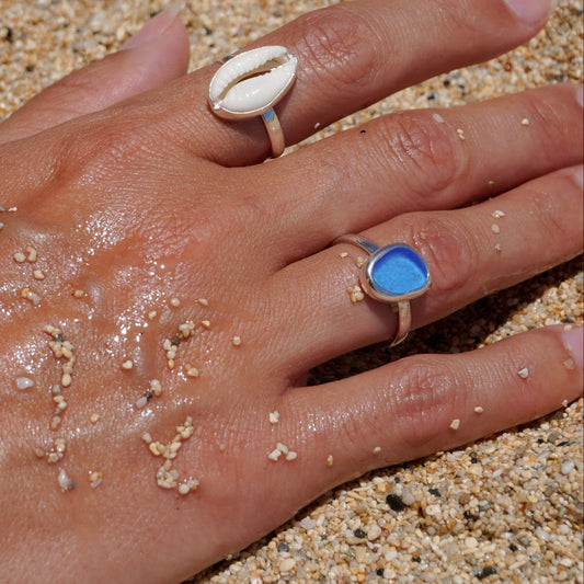 Handmade Blue Sea Glass Ring (Gold)