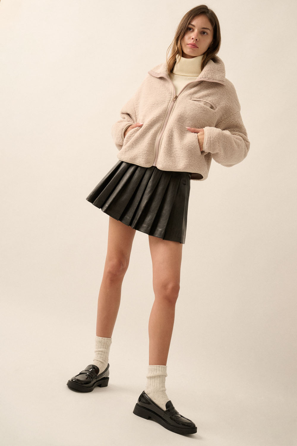 Solid Sherpa Fleece Zip-Up Pocket Jacket