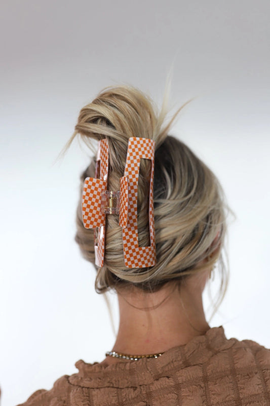Mini Checkered Rectangle Claw | Burnt Orange