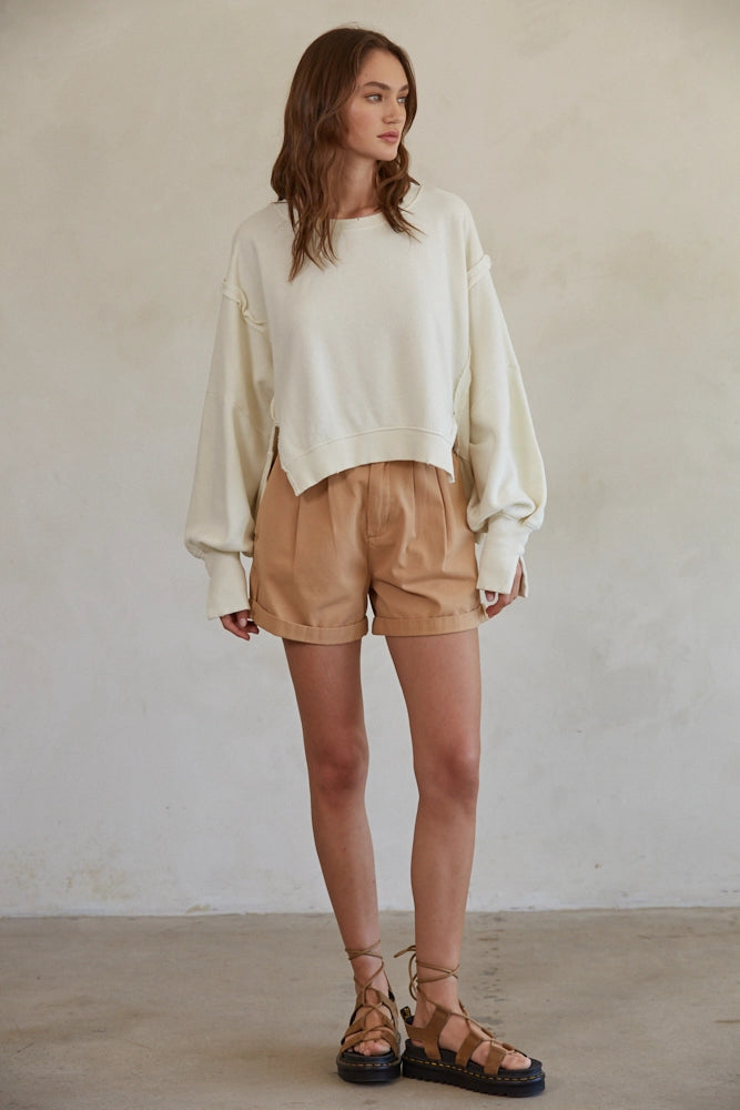 Knit Crew Neck Long Sleeve Pullover Top (Ivory)